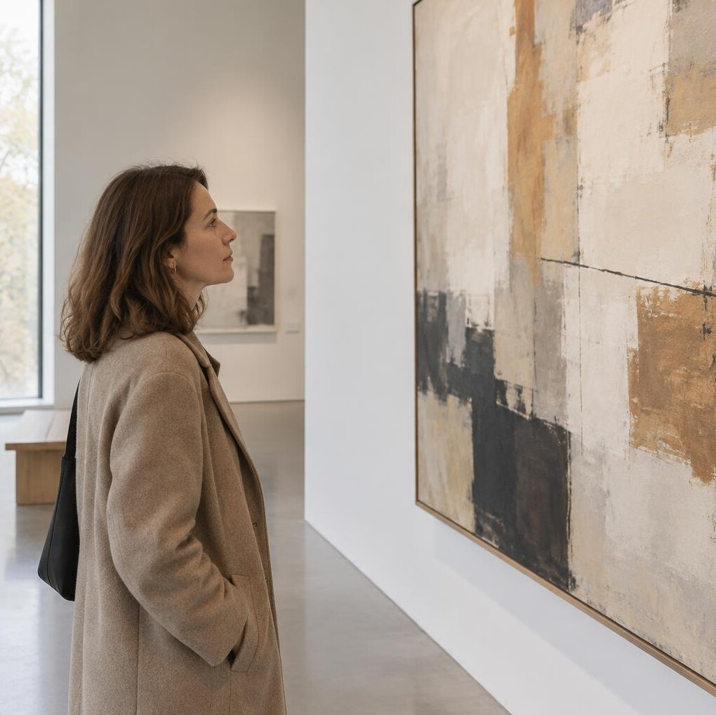 Woman looking thoughtfully at a painting in a quiet art gallery